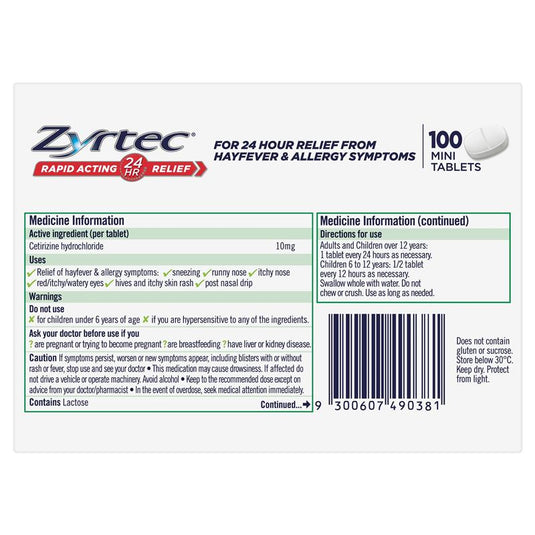 Zyrtec 10mg 100 Tablets Exclusive Size