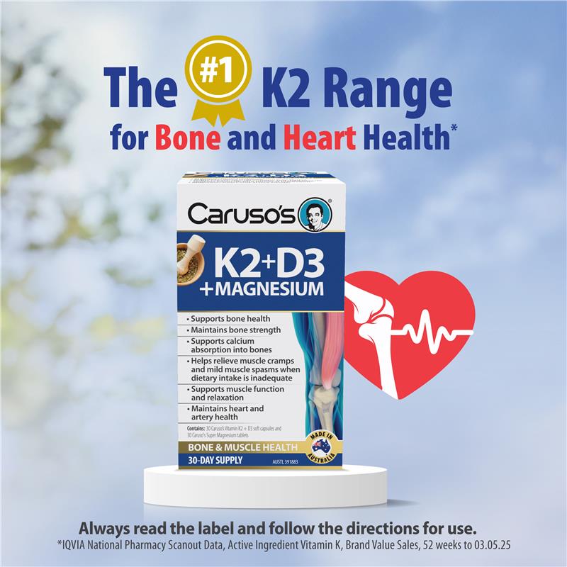 Load image into Gallery viewer, Carusos Vitamin K2 + D3 + Magnesium 30 Tablets
