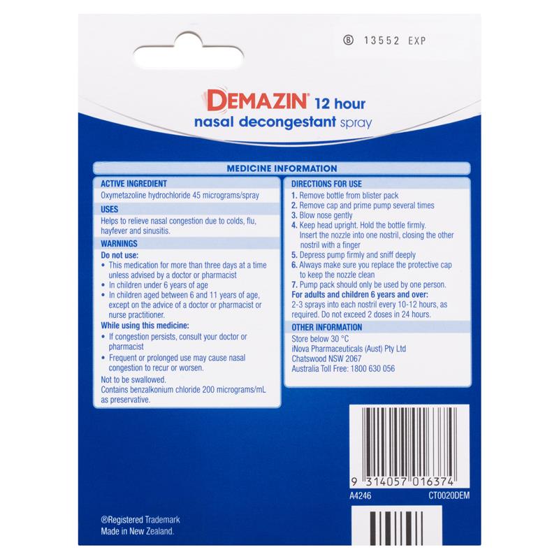 Load image into Gallery viewer, Demazin 12 Hour Relief Decongestant Nasal Spray 2 x 20ml
