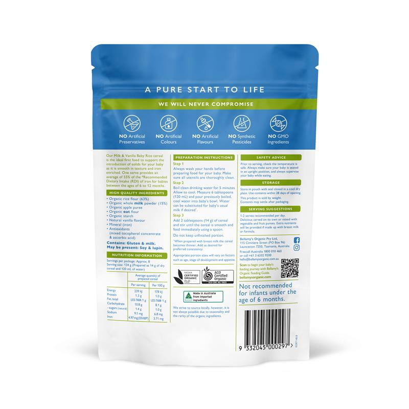 Load image into Gallery viewer, Bellamy's Organic Milk &amp; Vanilla Baby Rice Cereal 125g
