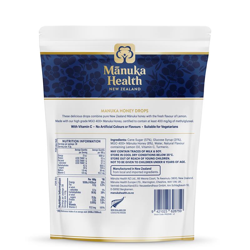 Load image into Gallery viewer, Manuka Health Manuka Honey Drops Lemon Pouch 58 Drops 250g
