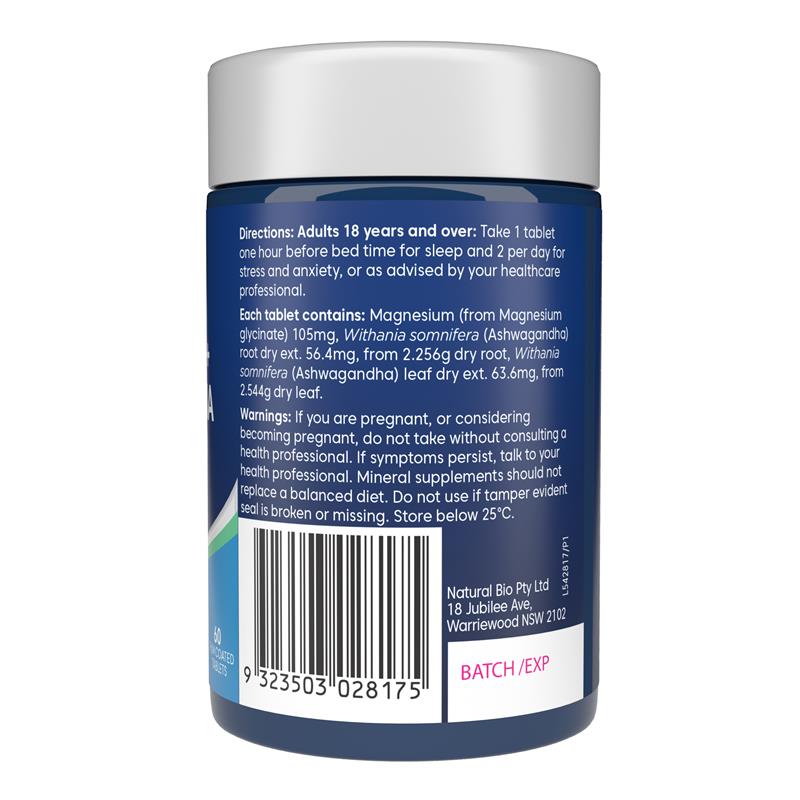 Load image into Gallery viewer, Bioglan Magnesium + Ashwagandha Relax Calm &amp; Sleep 60 Tablets
