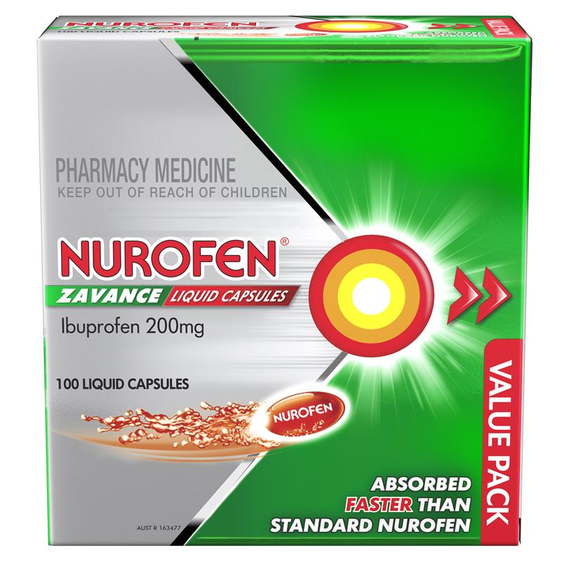 Load image into Gallery viewer, Nurofen Zavance Fast Pain Relief Liquid Capsules 200mg Ibuprofen 100 Pack
