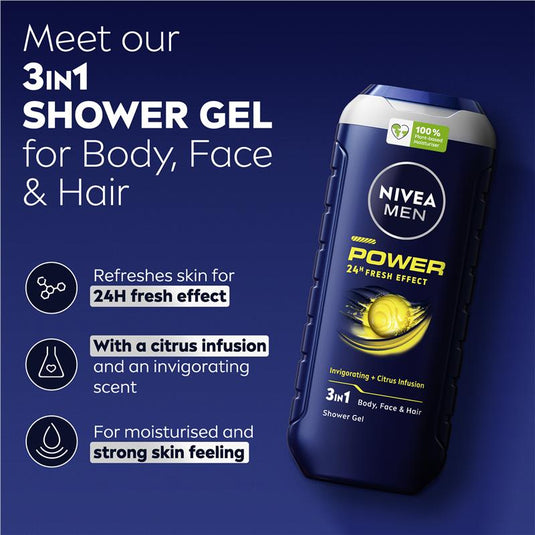 NIVEA MEN Power Refresh 3-IN-1 Shower Gel Body Wash 500ml