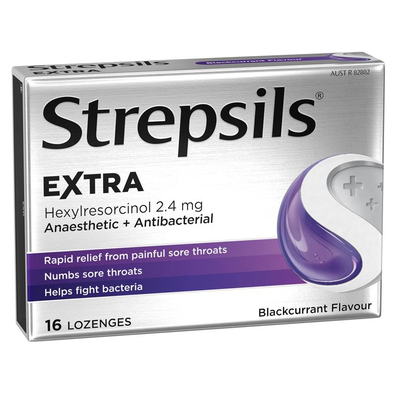 Load image into Gallery viewer, Strepsils Extra Blackcurrant Sore Throat Pain Relief with Anaesthetic Lozenges 16 Pack

