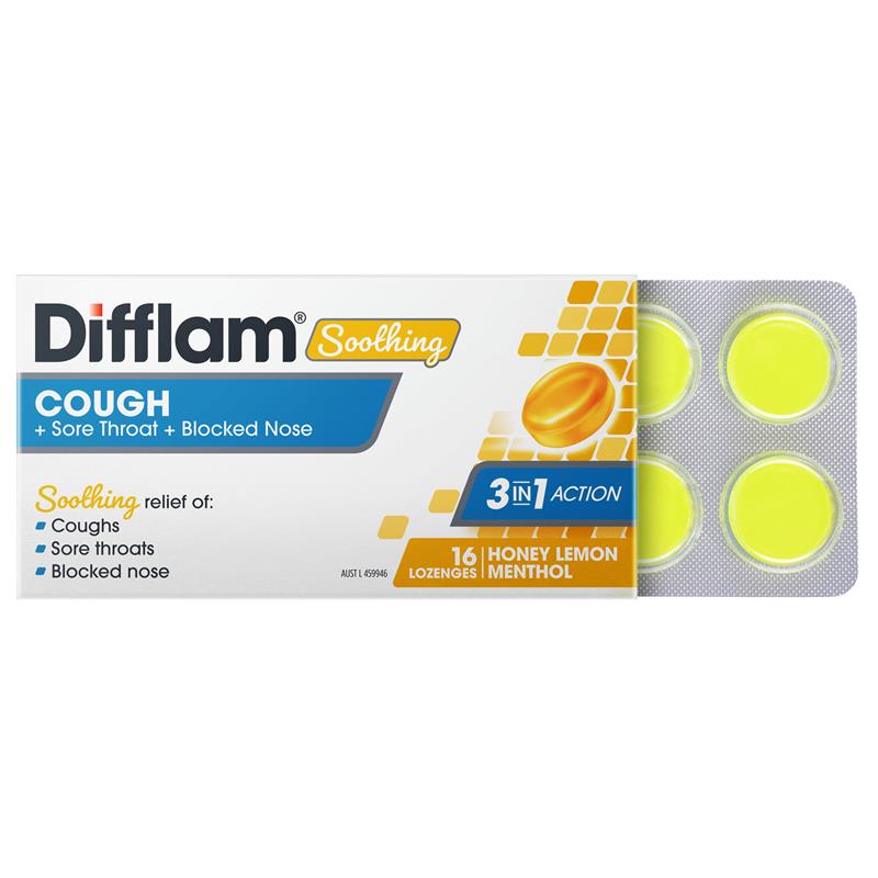 Load image into Gallery viewer, Difflam Soothing Cough + Sore Throat + Blocked Nose Honey Lemon 16 Lozenges
