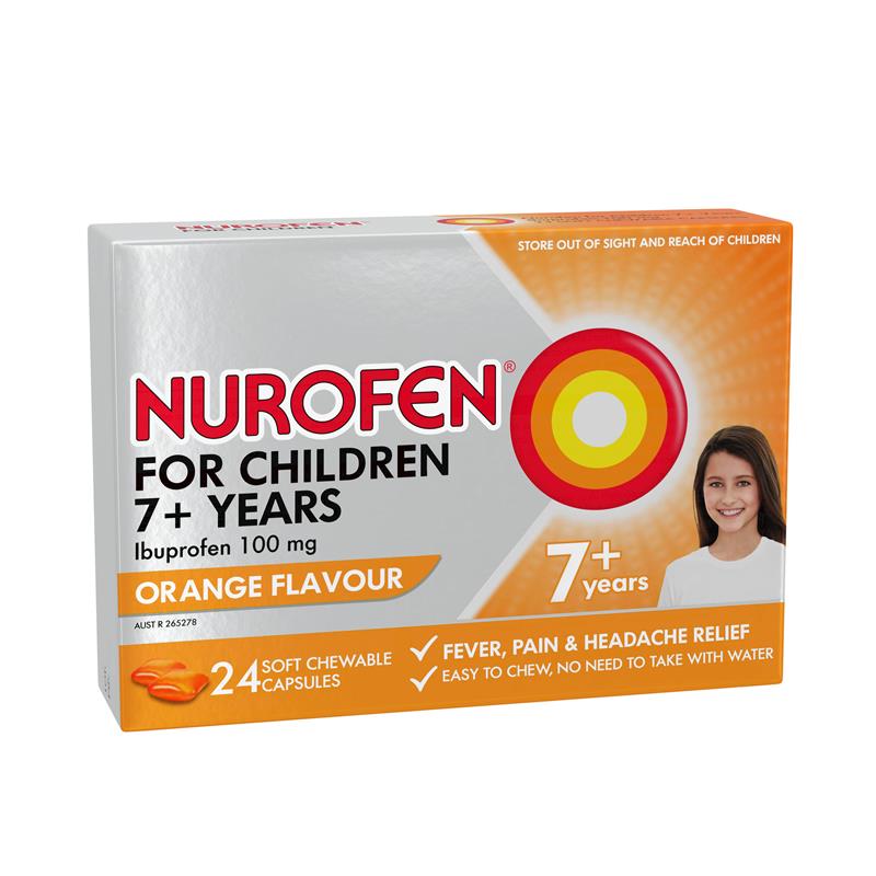 Load image into Gallery viewer, Nurofen For Children 7+ Pain and Fever Relief Chewable Capsules 100mg Ibuprofen Orange 24 pack
