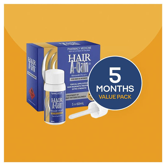 Hair A-Gain Hair Regrowth Treatment Extra Strength for Men & Women – 5 Month Value Pack – 5 x 60ml