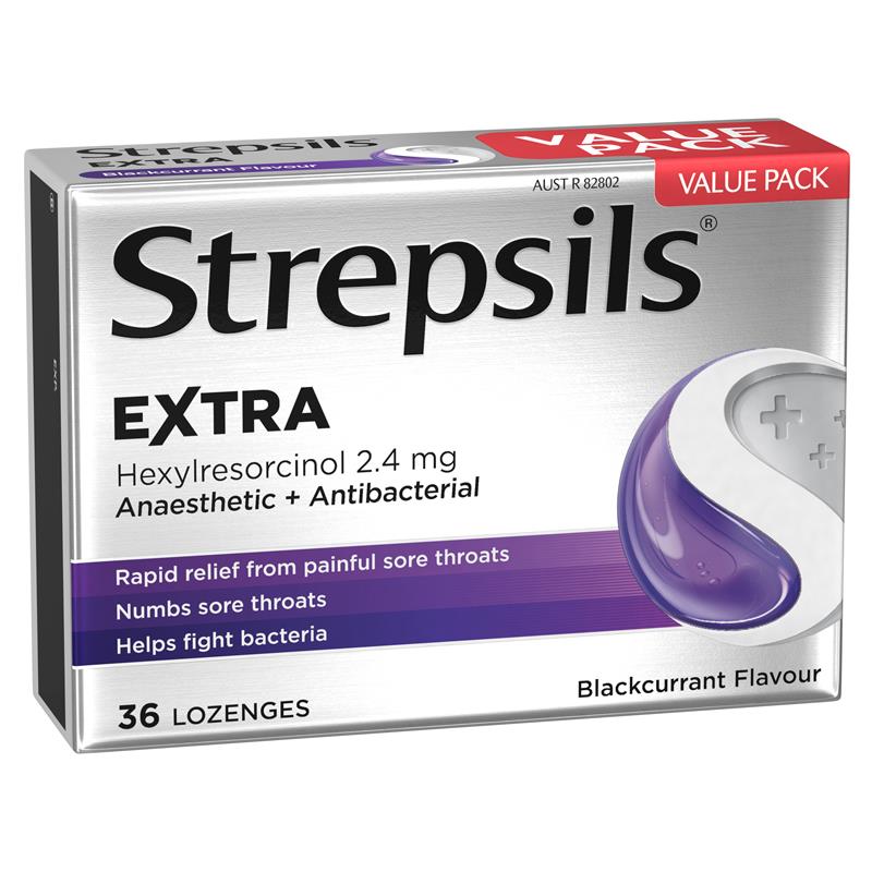 Load image into Gallery viewer, Strepsils Extra Blackcurrant Fast Numbing Sore Throat Pain Relief with Anaesthetic Lozenges 36pk
