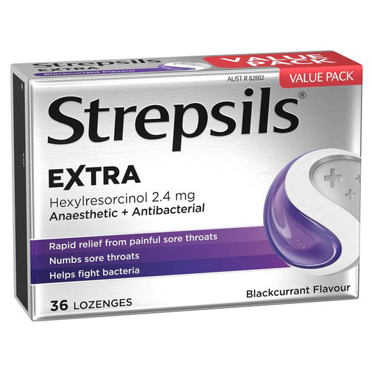 Strepsils Extra Blackcurrant Fast Numbing Sore Throat Pain Relief with Anaesthetic Lozenges 36pk