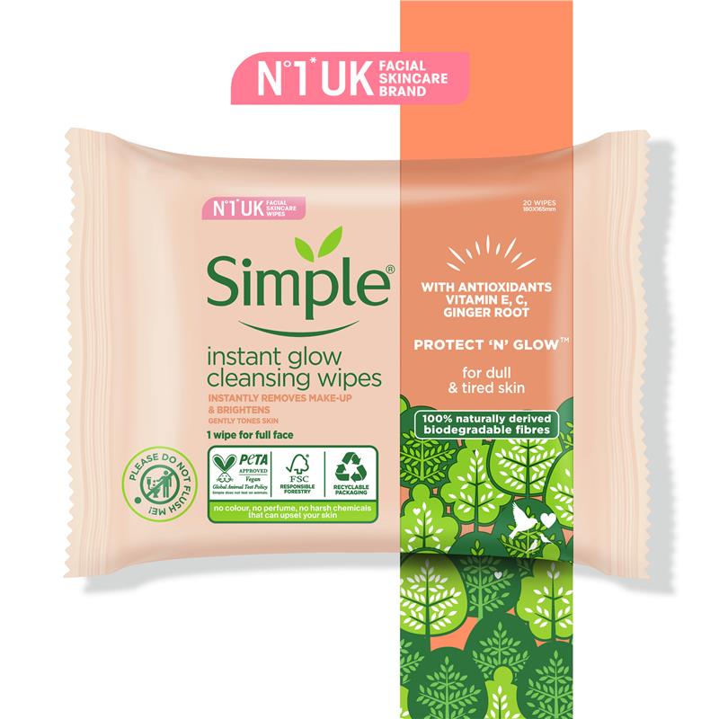 Load image into Gallery viewer, Simple Micellar Instant Glow Facial Wipes 20 Pack
