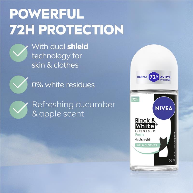Load image into Gallery viewer, NIVEA Black &amp; White Fresh Roll On Deodorant 72H Protection 50ml
