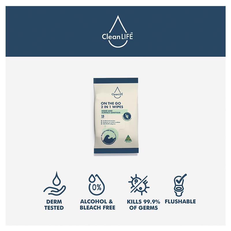 Load image into Gallery viewer, CleanLIFE On The Go 2 In 1 Wipes 15 Pack
