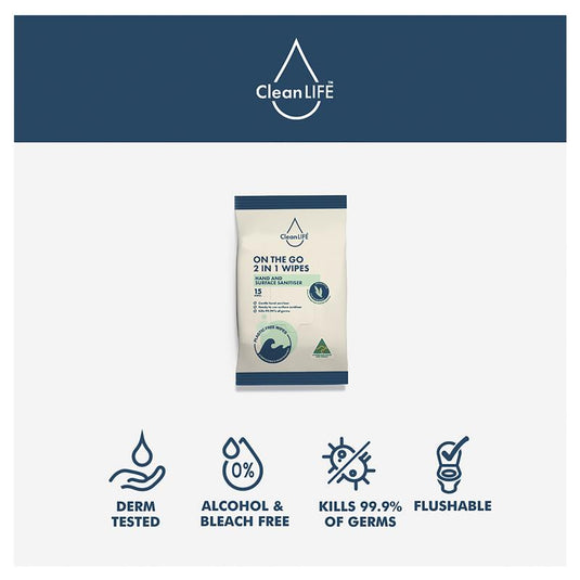 CleanLIFE On The Go 2 In 1 Wipes 15 Pack