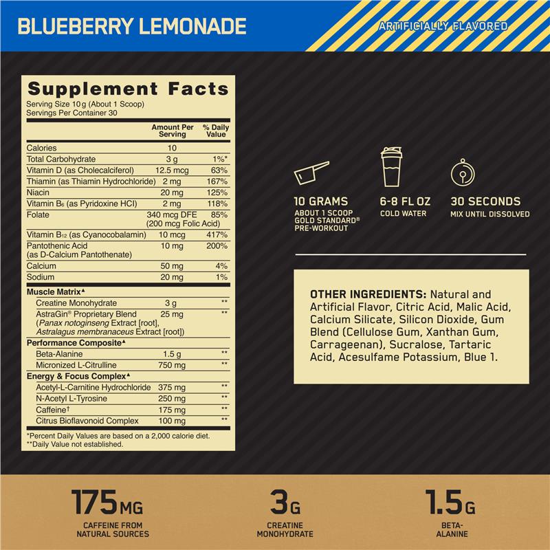 Load image into Gallery viewer, Optimum Nutrition Gold Standard Pre-Workout Blueberry Lemonade 300g

