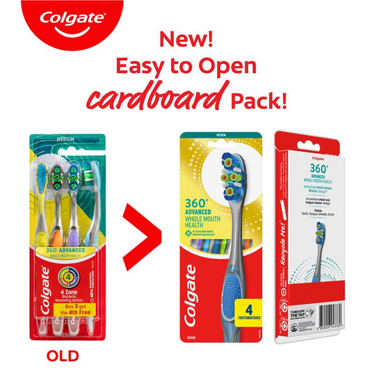 Colgate Toothbrush 360 Degree Advanced Whole Mouth Health Medium 4 Pack