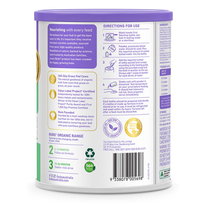 Load image into Gallery viewer, Bubs Organic GrassFed Stage 2 Follow-on Milk Formula 800g
