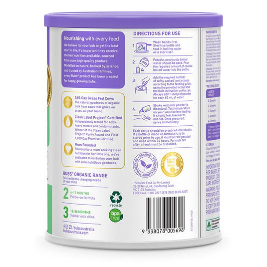 Bubs Organic GrassFed Stage 2 Follow-on Milk Formula 800g