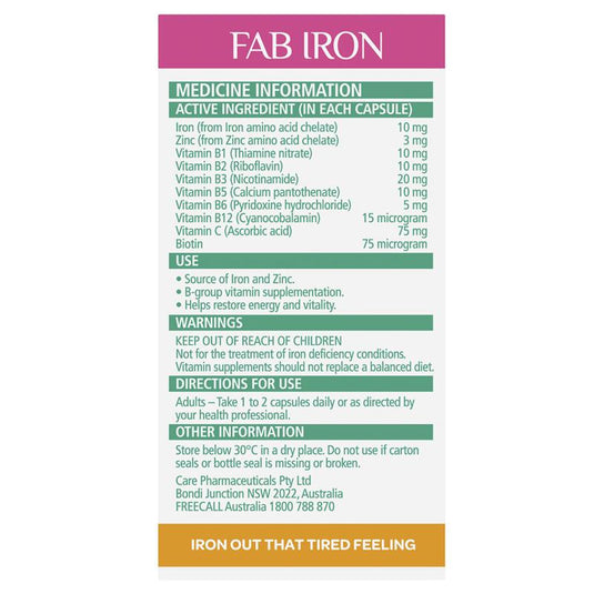 Fab Iron + Vitamin B Complex and Zinc 60 Capsules