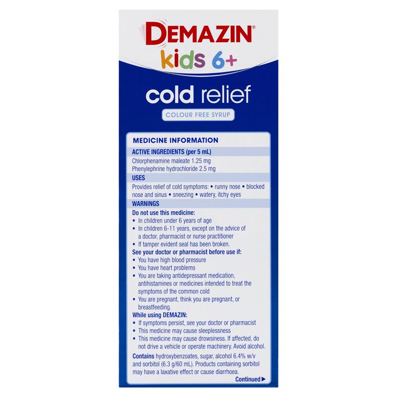 Load image into Gallery viewer, Demazin Kids 6+ Cold Relief Colour Free Syrup 200ml
