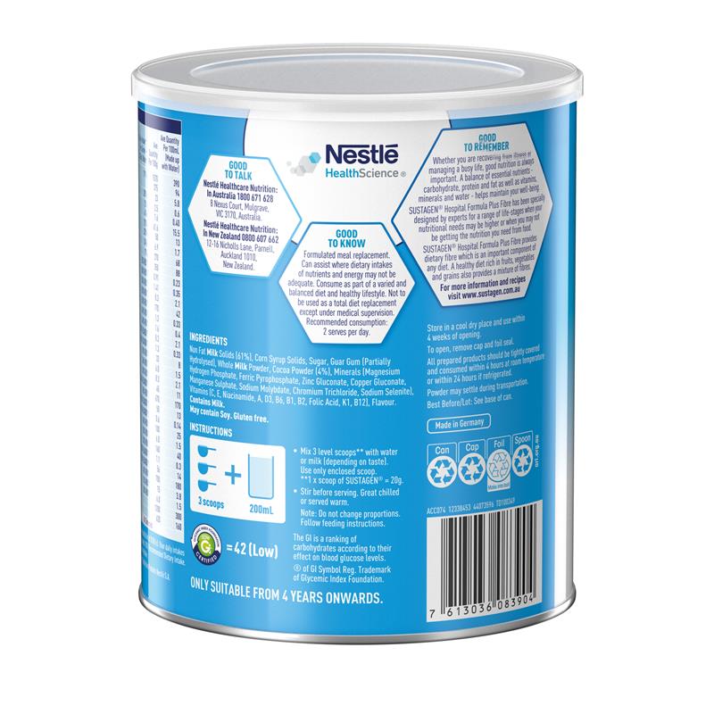 Load image into Gallery viewer, Sustagen Hospital Formula + Fibre Nutritional Supplement Chocolate Flavour 840g
