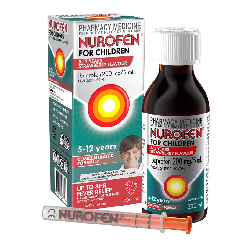 Load image into Gallery viewer, Nurofen For Children 5-12yrs Pain and Fever Relief Concentrated Liquid 200mg/5mL Ibuprofen Strawberry 200mL
