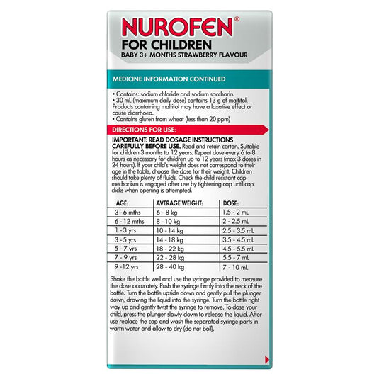 Nurofen For Children Baby 3+ Months Pain and Fever Relief Concentrated Liquid 200mg/5ml Ibuprofen Strawberry 50ml