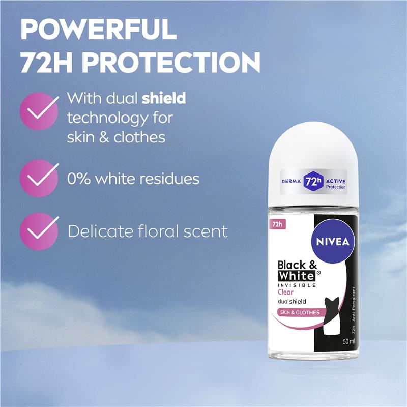 Load image into Gallery viewer, NIVEA Black &amp; White Invisible Clear Roll On Deodorant 72H Protection 50ml
