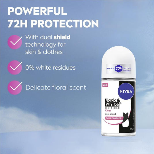 NIVEA Black & White Invisible Clear Roll On Deodorant 72H Protection 50ml