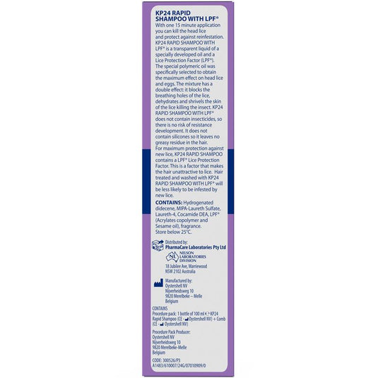 KP24 Rapid 15 Minute Head Lice/Nit Shampoo with Lice Protection Factor 100ml with Comb