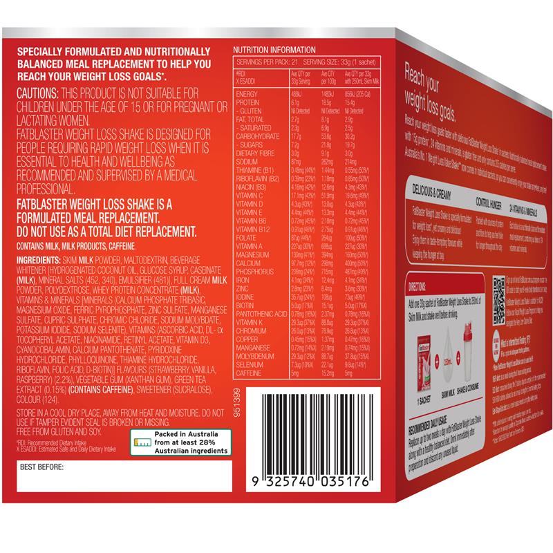 Load image into Gallery viewer, Fatblaster Weight Loss Shake Raspberry 21 x 33g Sachets Exclusive Size
