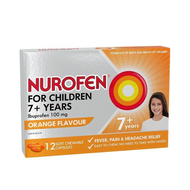 Load image into Gallery viewer, Nurofen For Children 7+ Pain and Fever Relief Chewable Capsules 100mg Ibuprofen Orange 12 pack
