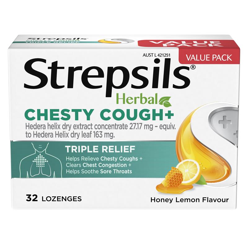 Load image into Gallery viewer, Strepsils Herbal Chesty Cough+ Lozenges Honey Lemon 32 Pack
