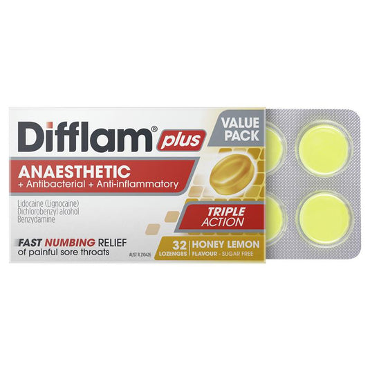 Difflam Plus Anaesthetic Sugar Free Honey & Lemon 32 Lozenges