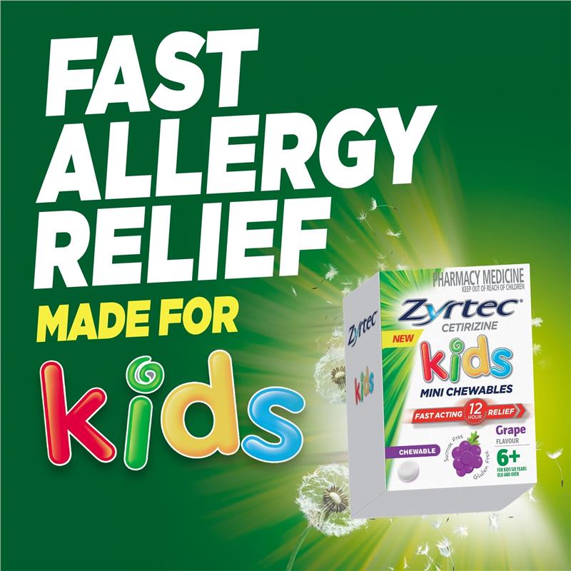 Load image into Gallery viewer, Zyrtec Kids Antihistamine Allergy &amp; Hayfever Chewable Tablet Grape 30 Pack
