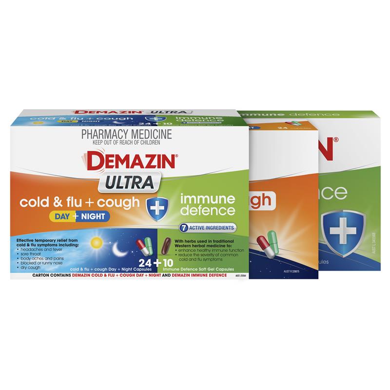 Load image into Gallery viewer, Demazin Ultra Cough Cold &amp; Flu + Immune Defence 34 Capsules
