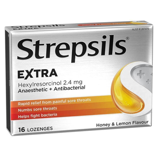 Strepsils Extra Honey Lemon Lozenges 16pk Fast Numbing Sore Throat Pain Relief with Anaesthetic