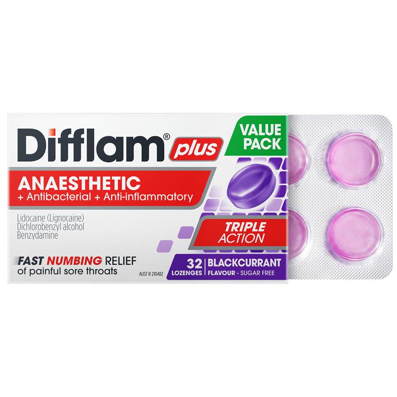 Load image into Gallery viewer, Difflam Plus Triple Action Blackcurrant 32 Lozenges
