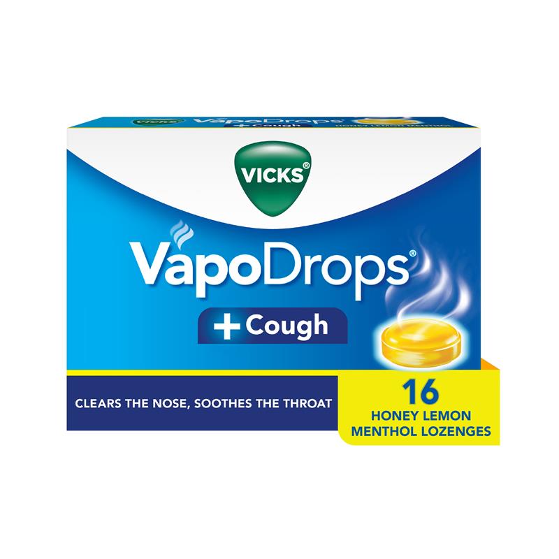 Load image into Gallery viewer, Vicks VapoDrops + Cough Honey Lemon Menthol 16 Lozenges
