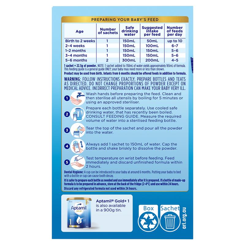 Load image into Gallery viewer, Aptamil Gold+ 1 Baby Infant Formula Powder Sachets From Birth to 6 Months 5 Pack 22.5g
