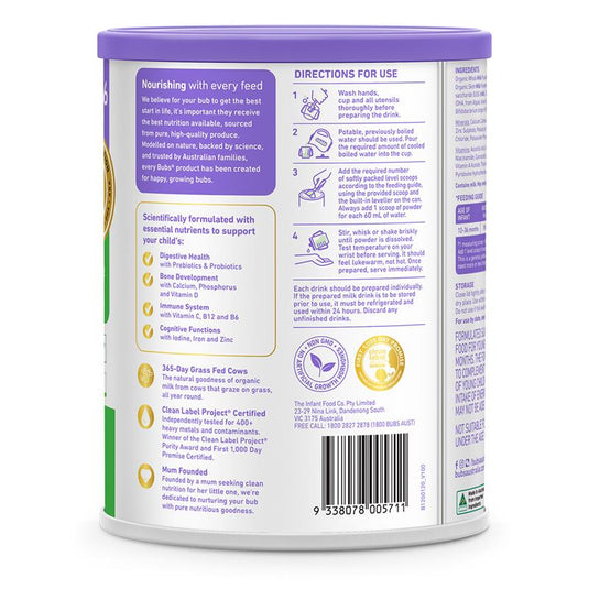 Bubs Organic Grass Fed Stage 3 Toddler Milk 800g