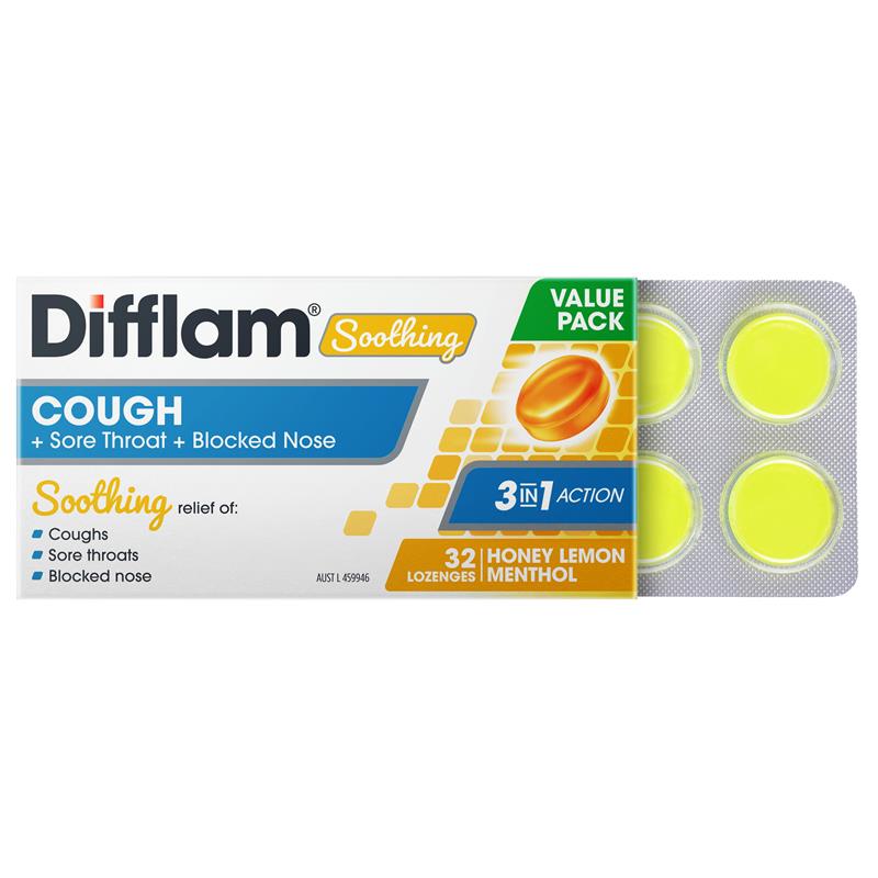Load image into Gallery viewer, Difflam Soothing Cough + Sore Throat + Blocked Nose Honey Lemon 32 Lozenges

