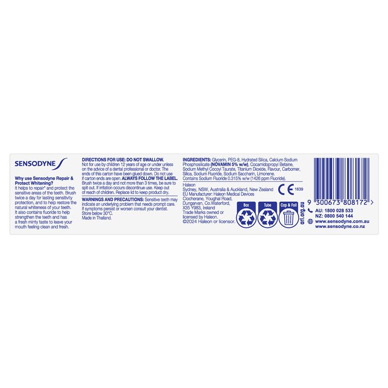 Load image into Gallery viewer, Sensodyne Sensitive Teeth Pain Repair &amp; Protect Whitening Toothpaste 100g
