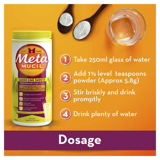Metamucil Fibre Supplement Smooth Texture Lemon-Lime Flavour 72 doses 425g