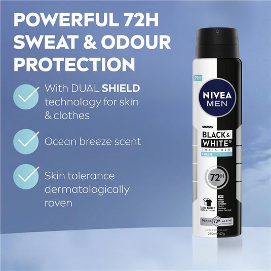 NIVEA MEN Black & White Fresh Aerosol Deodorant 72H Protection 250ml