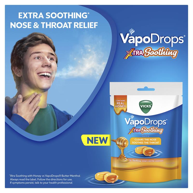 Load image into Gallery viewer, Vicks VapoDrops Xtra Soothing Honey Centre Lozenges 16 Pack
