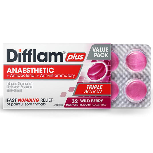 Difflam Plus Anaesthetic Sugar Free Wild Berry 32 Lozenges