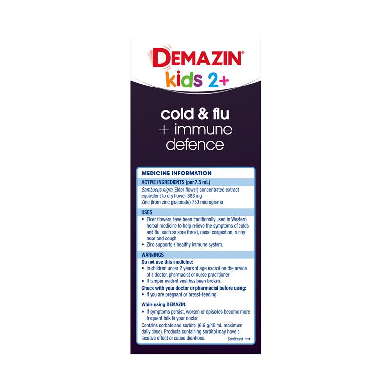 Load image into Gallery viewer, Demazin Kids 2+ Cold &amp; Flu + Immune Defence Natural Berry Oral Liquid 200mL
