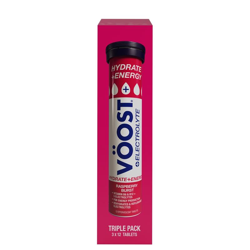 Load image into Gallery viewer, Voost Hydrate + Energy Raspberry Burst Effervescent Tablets 36 Pack
