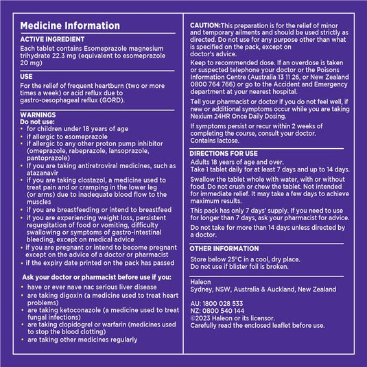 Nexium 24hr Heartburn & Acid Reflux Relief 20mg 7 Tablets